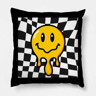 Funny 70s Melting Yellow Smile Face Cute Checkered Smiling Happy Pillow