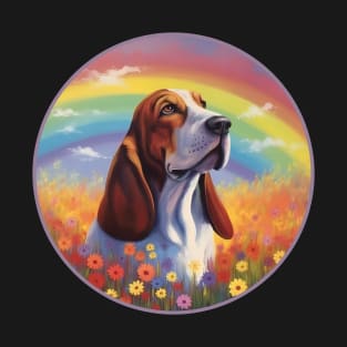 Basset Hound Memorial Rainbow Bridge Colorful Dog Art T-Shirt