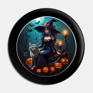 Beautiful Mermaid Witch with Her Giant Cat Pin