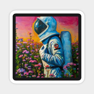 Astronaut admiring sunset in flower garden Magnet