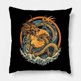 Vintage Japanese Dragon Sun Tattoo Design Pillow