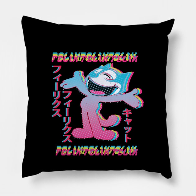 Felix the Cat Vaporwave Otaku Style Anime Felix Cat Katakana Glitch Style Pillow by VogueTime