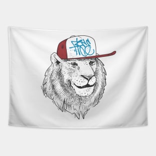 Free Lion Wearing a Hat that says Free Tapestry