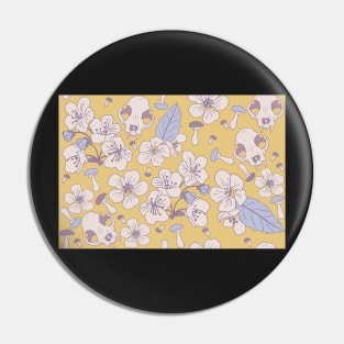 Cat Skulls and Mushrooms on Goldenrod Yellow Pin