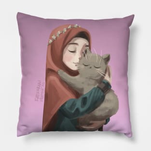 Hijab Girl and Cat Pillow