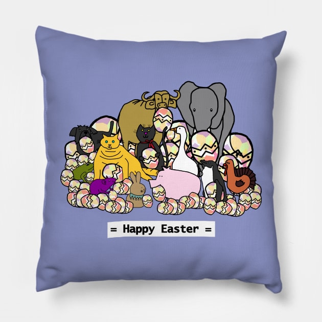 Happy Easter from these Cute Animals with Funny Easter Eggs Pillow by ellenhenryart