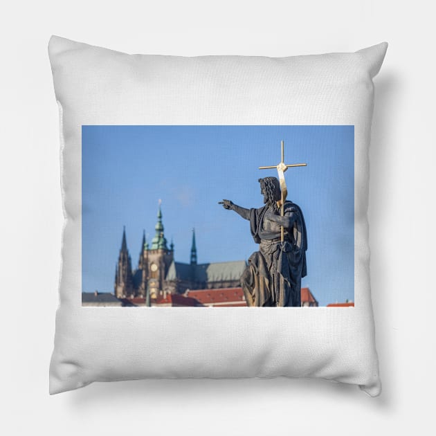 Statue of Jesus pointing to St Vitus's Cathedral Pillow by GrahamPrentice