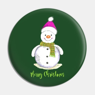 Merry christmas snowman with green scarf and pink hat Pin