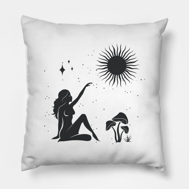 Sitting Mushroom Sun Goddess Pillow by studioaartanddesign