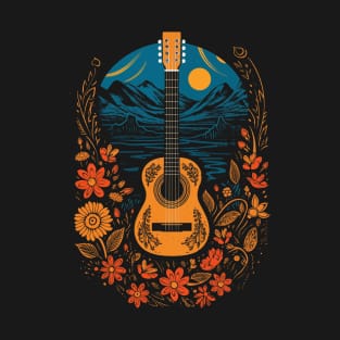 Acoustic Guitar Retro Red Floral Sunflowers Mountains Nature T-Shirt