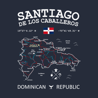 Dominican Republic Map Flag Santiago de los Caballeros Coordinates Roads Rivers and Oceans White T-Shirt