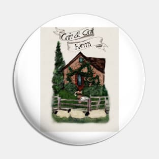 Grin and Grit Farms Chocolate Box English Cottage with Lazing Labrador Dog and Ginger Farm Cat Pin