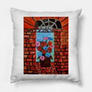 mixed flowers in a metallic copper and vintage cold in a red brick wall Pillow