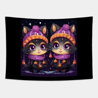 Christmas Illustration - Cute and Funny Kittens in Winter Hats and Scarves, a Playful Design Perfect for the Holiday Season. Tapestry