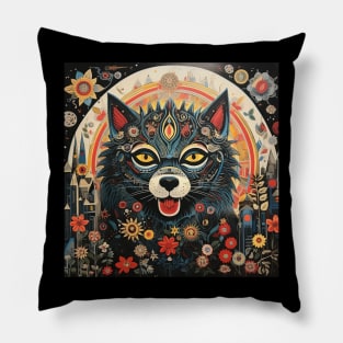 Surrealistic Folk Art Dark Floral Motif Wolf Design Pillow