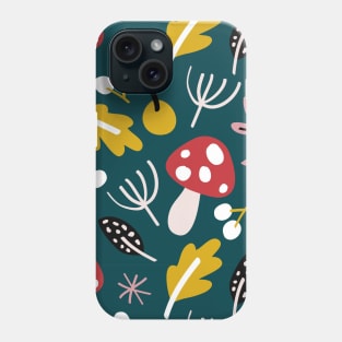 Leaves and mushroom pattern - red, yellow and pink on green Phone Case