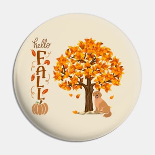 Golden Retriever Dog under Autumn Tree with Hello Fall Sign and Pumpkin Pin