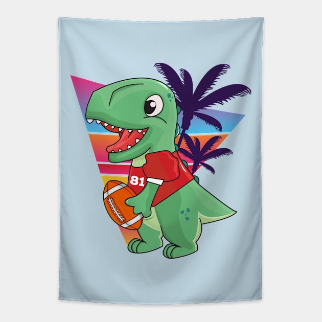 Cute green dinosaur playing American football, retro and palms background Tapestry by WorldOfMine