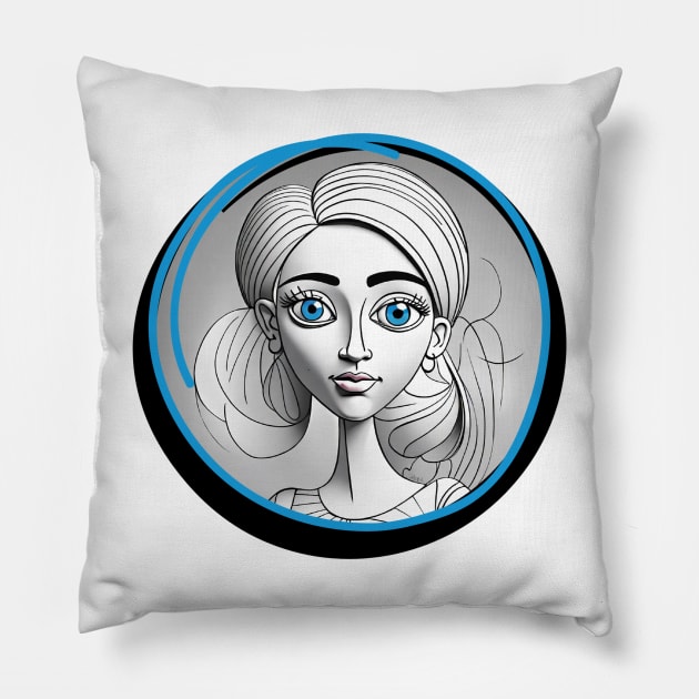 Pretty Girl Portrait - Line Art Design Pillow by Wilcox PhotoArt