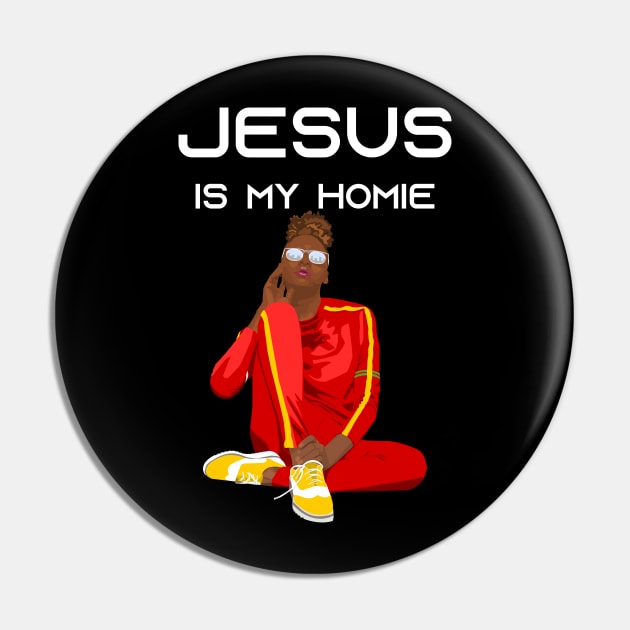 Jesus Is My Homie Model Wearing Red Athletic Outfit Pin by Isan Creative Designs