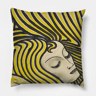 Psychedelic woman in colors vintage line art Pillow