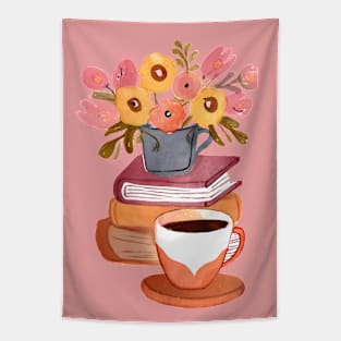 Cute Watercolor Books Flowers and Coffee Cup Tapestry