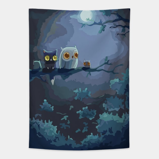 Black Cat & Owl Twilight Nights Tapestry by Glenn Landas Digital Art