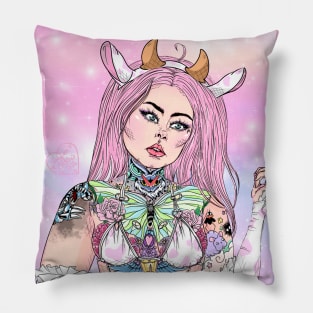 Tattooed Pastel Cow Girl Pillow