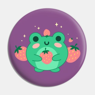 Neon Green Kawaii Frog, Blushing Strawberry, Retro Japanese Aesthetic Pin