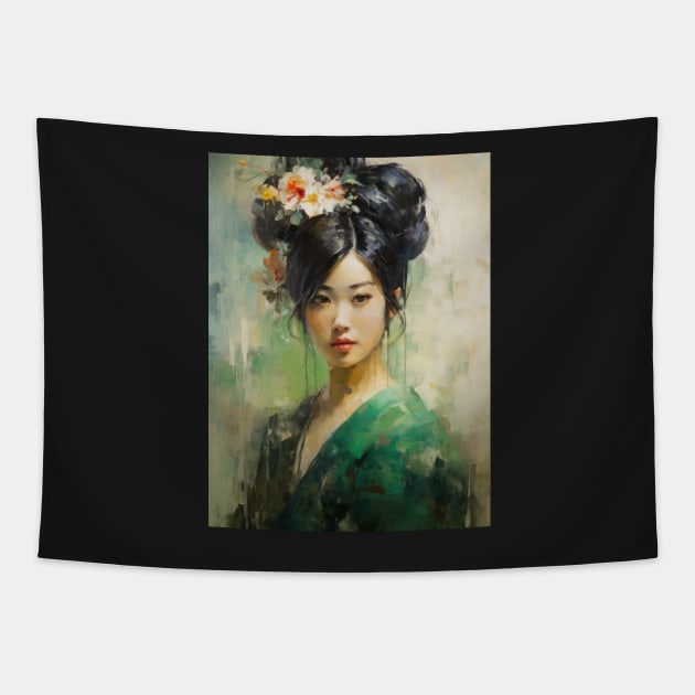 Japanese Girl in Green With Flowers in Her Hair Tapestry by kansaikate