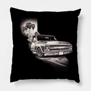California Dreamin' - Chevy C10 Lowrider Double Exposure Sketch Pillow