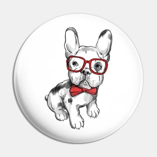 French Bulldog Hand Drawn Red Ribbon & Glasses Pin