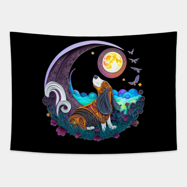 Basset Hound Dog in Space Crescent Moon Planets Stars Cute Tapestry by joannejgg