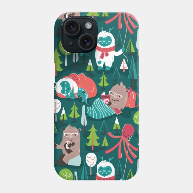 Besties // pattern // green background white Yeti brown Bigfoot aqua yellow green and teal pine trees red and coral details Phone Case by SelmaCardoso