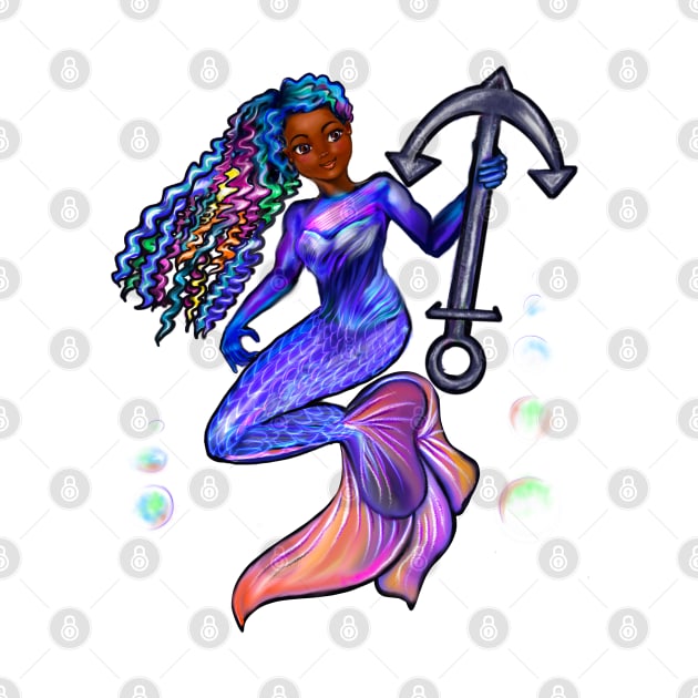 Mermaid and anchor, mermaid with brown eyes, Curly rainbow hair,brown skin - light background by Artonmytee