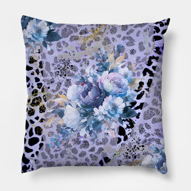 Blue leopard and floral pattern Pillow by ReneeLLavoie