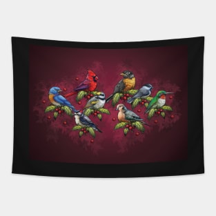 Christmas Holiday Birds Red Tapestry