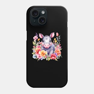 A baby hippo decorated with beautiful watercolor flowers Phone Case