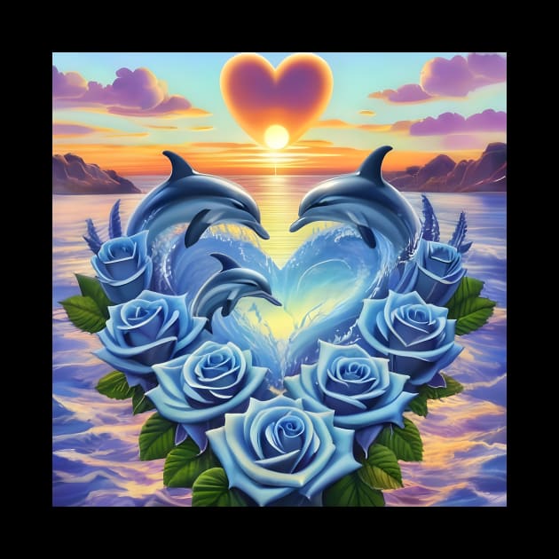 Dolphin Hearts Of Love With Blue Roses At Sunset 5 by MiracleROLart