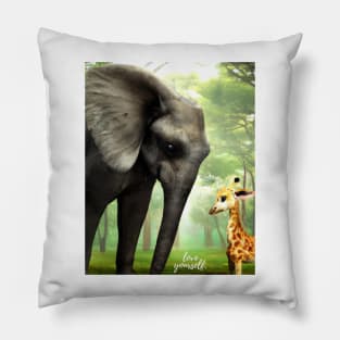 Love Yourself: Motivational Digital Art of an Elephant and Baby Giraffe in the Jungle Pillow