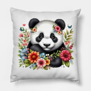 A panda decorated with beautiful colorful flowers. Pillow