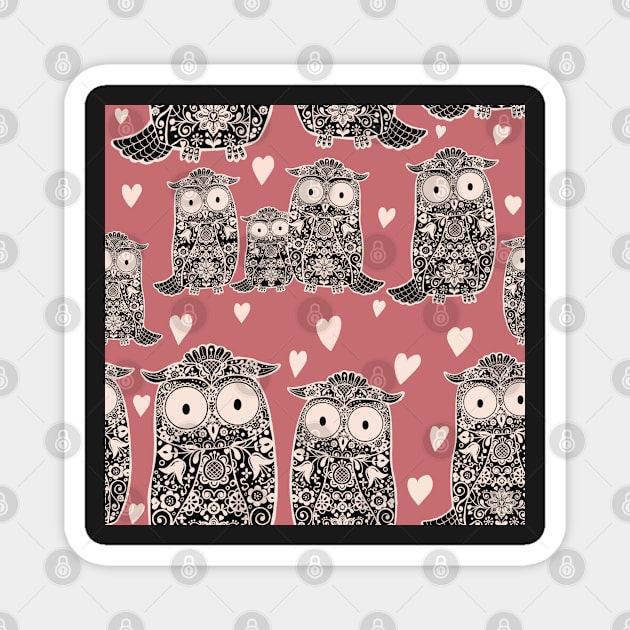 Folk Art Owls, Owlets and Hearts on Rose Pink Magnet by NattyDesigns