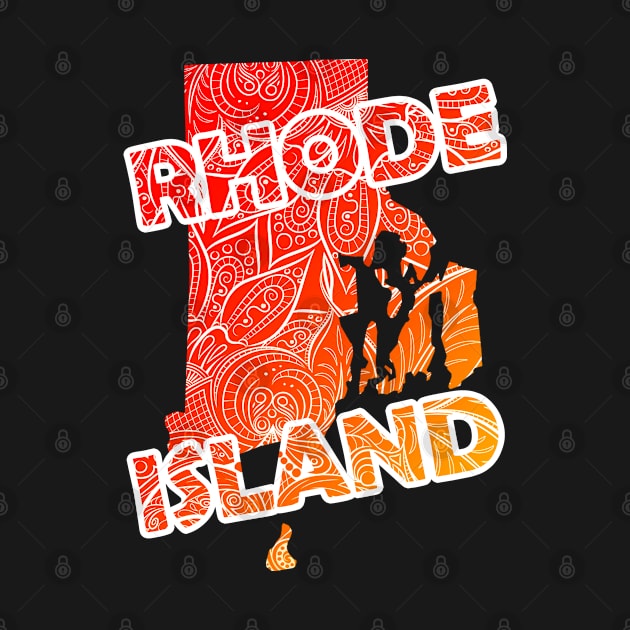 Colorful mandala art map of Rhode Island with text in red and orange by Happy Citizen