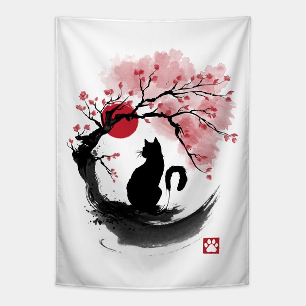 Sakura cat sumi e Tapestry by DrMonekers