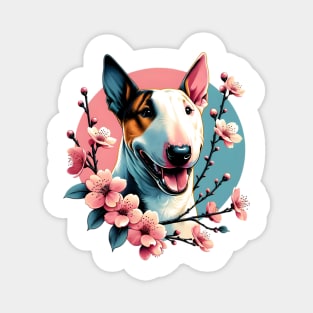 Miniature Bull Terrier Celebrates Spring Cherry Blossoms Magnet