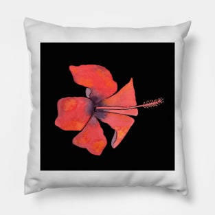 Red Hibiscus Tropical Watercolor Illustration with a black background Pillow