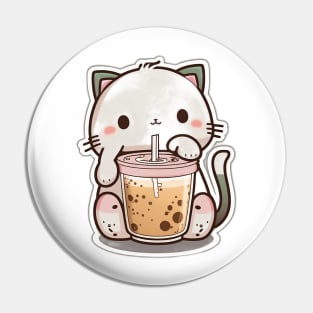 Cute Cat Drinking Bubble Tea Cartoon Boba Drawing Pin