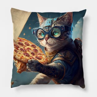 Funny Cat Flying and Delivering Pizza - Funny Digital Artwork Futuristic Art Birthday Gift Idea For Mom Pillow