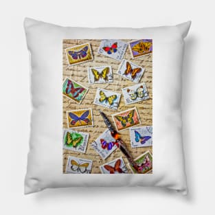 Butterfly stamps and old document Pillow