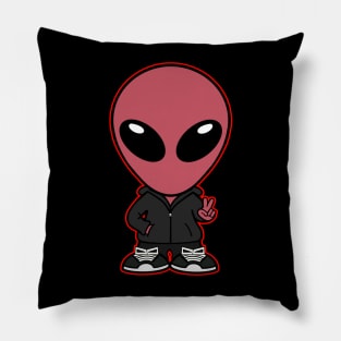 Space Alien Extraterrestrial Peace Hand Sign (Red) Pillow